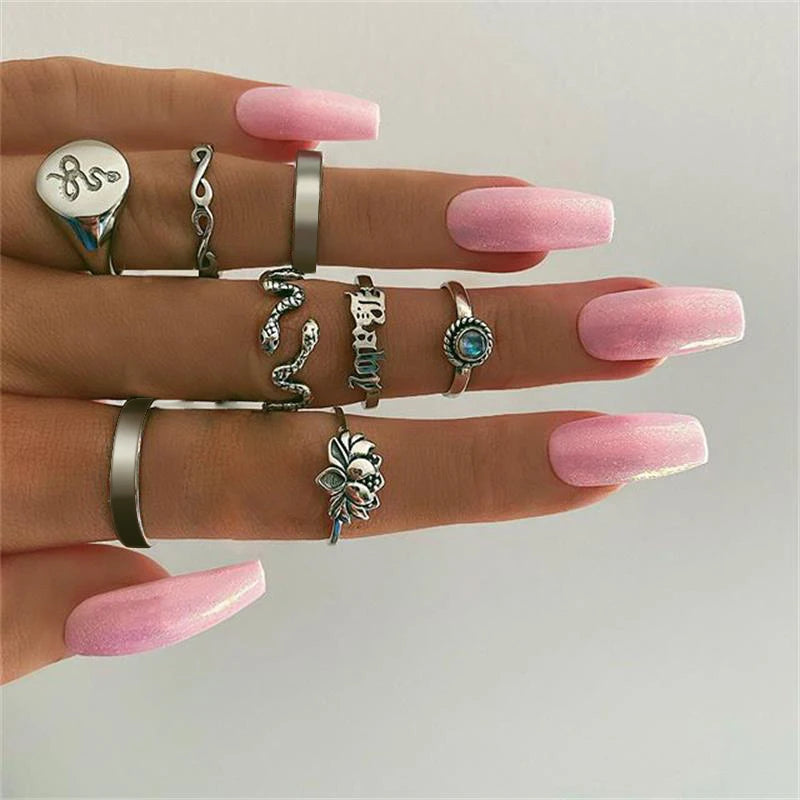 Bohemia Antique Gold Color Elephant Flower Rose Heart Crown Carved Rings Set Vintage Animal Joint Ring Women'S Jewelry