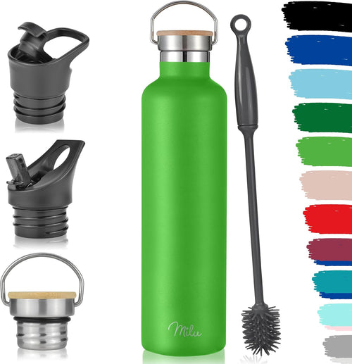 Milu Edelstahl Trinkflasche 500Ml 750Ml 1000Ml (+3 Deckel) Thermosflasche Mit Strohhalm, Isolierte Wasserflasche, Auslaufsichere Isolierflasche Doppelwandig, Kohlensäure Geeignet (Apfelgrün, 1000Ml)