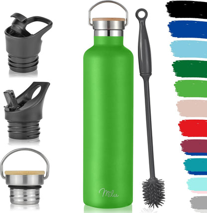 Milu Edelstahl Trinkflasche 500Ml 750Ml 1000Ml (+3 Deckel) Thermosflasche Mit Strohhalm, Isolierte Wasserflasche, Auslaufsichere Isolierflasche Doppelwandig, Kohlensäure Geeignet (Apfelgrün, 1000Ml)