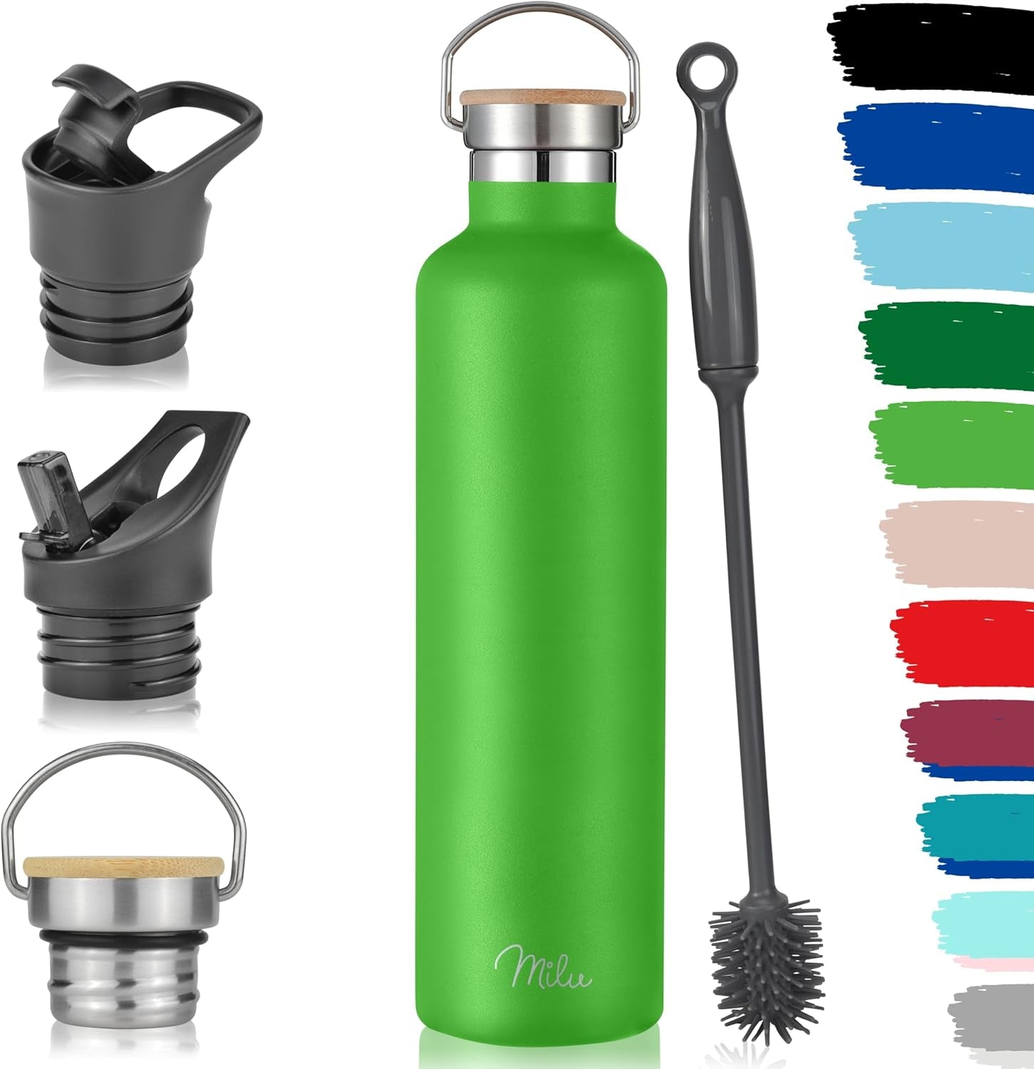 Milu Edelstahl Trinkflasche 500Ml 750Ml 1000Ml (+3 Deckel) Thermosflasche Mit Strohhalm, Isolierte Wasserflasche, Auslaufsichere Isolierflasche Doppelwandig, Kohlensäure Geeignet (Apfelgrün, 1000Ml)