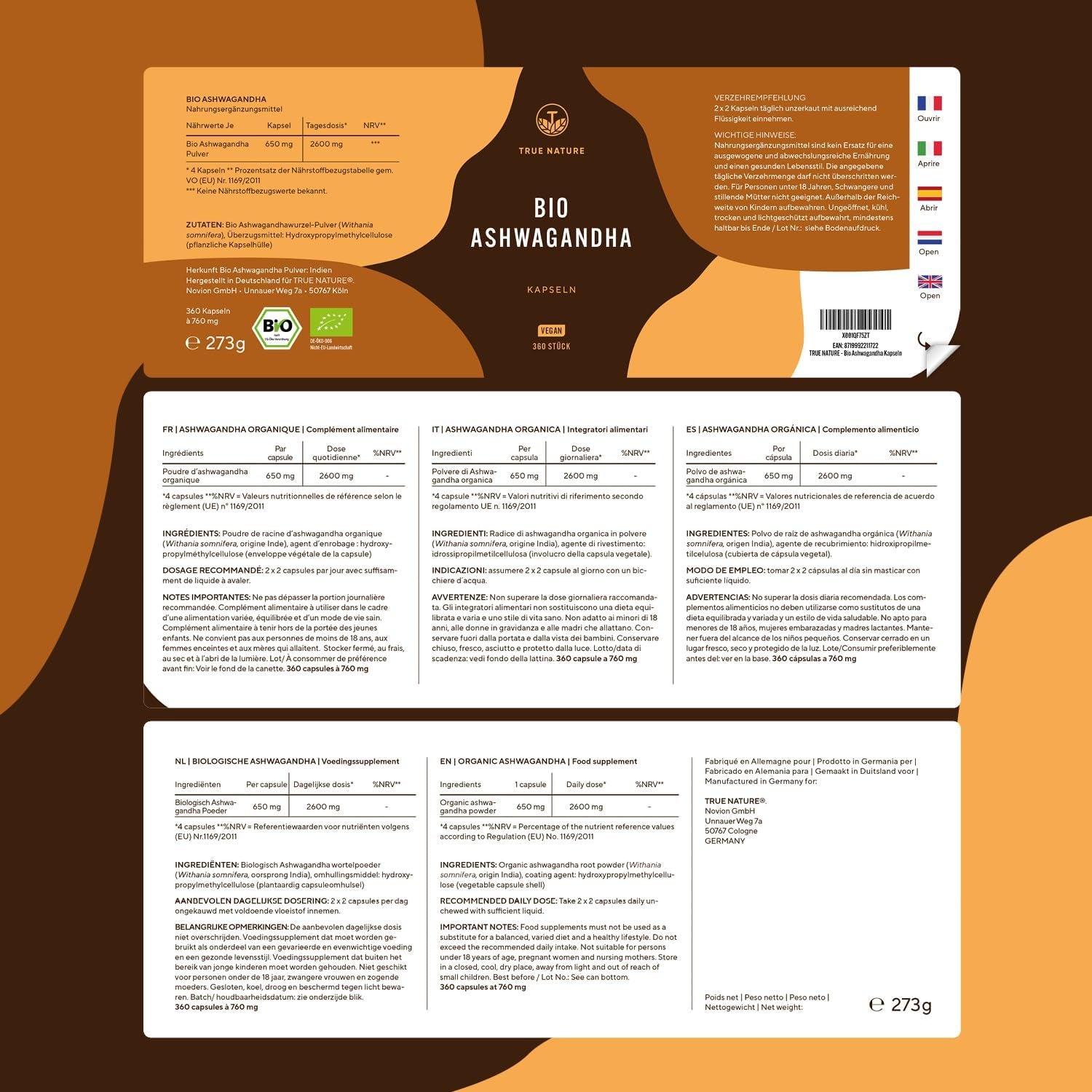 Bio Ashwagandha - 360 Kapseln (BIG PACK) - Hochdosierte 2600Mg Pro Tag (90 Tage) - 650Mg Pro Kapsel - Indische Bio Schlafbeere - Vegan, Deutsche Produktion - TRUE NATURE