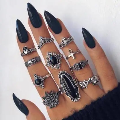 Bohemia Antique Gold Color Elephant Flower Rose Heart Crown Carved Rings Set Vintage Animal Joint Ring Women'S Jewelry